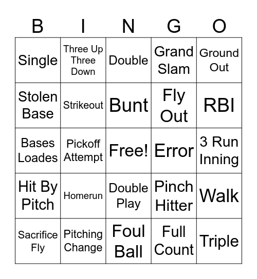Softball Bingo Card