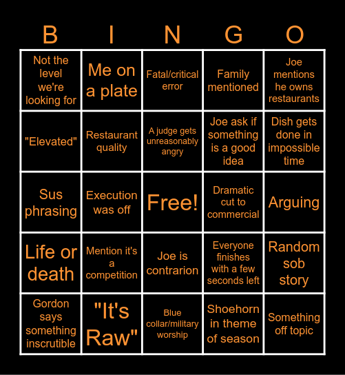 Masterchef Bingo Card
