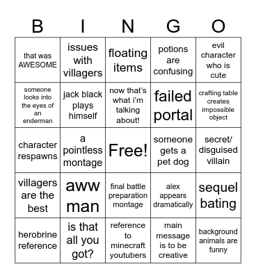 Minecraft Movie Bingo Card