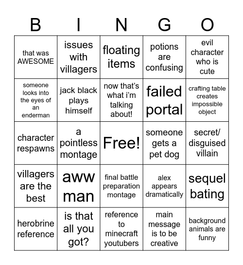 Minecraft Movie Bingo Card