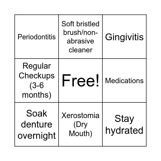 Oral Health Bingo Card