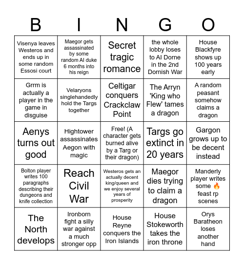 Aegon's Reign Bingo Card