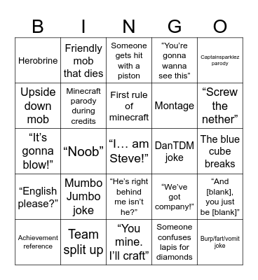Minecraft Movie Bingo Card