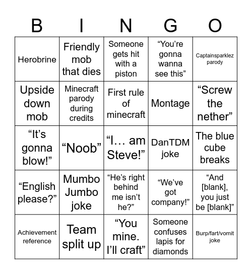 Minecraft Movie Bingo Card