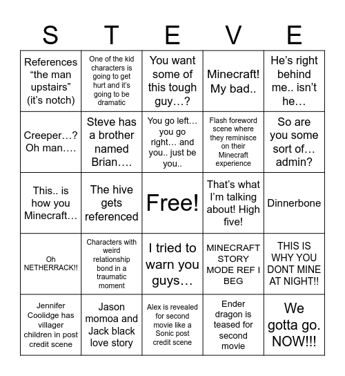 Minecraft bingo Card