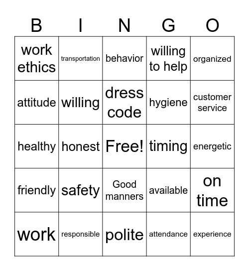 work readyiness Bingo Card