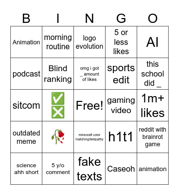 yt shorts Bingo Card