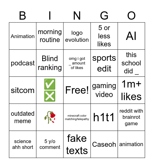 yt shorts Bingo Card