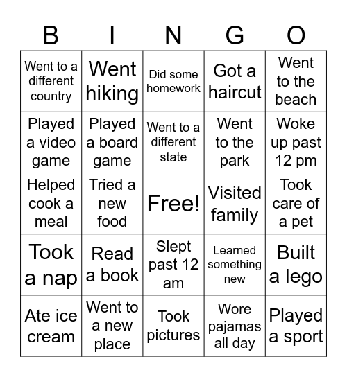 Spring Break BINGO Card