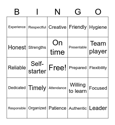 Work Readiness Bingo Card
