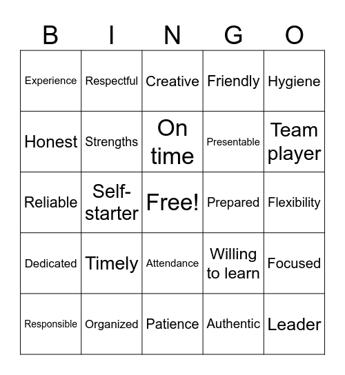 Work Readiness Bingo Card