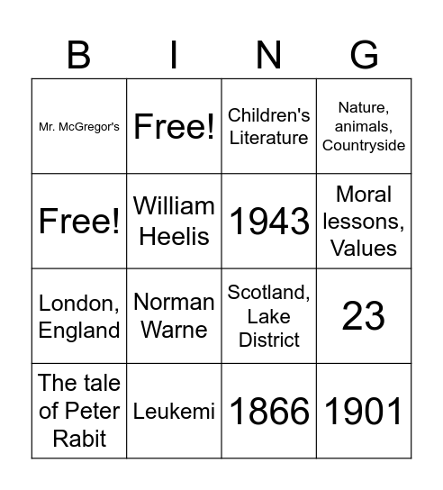 Beatrix Potter Bingo Card