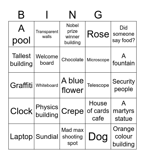 Unimelb campus tour Bingo Card