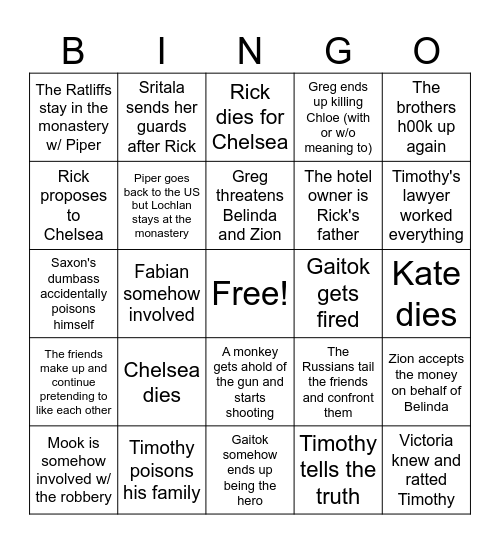 White Lotus Predictions Bingo Card