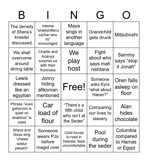 Appleman seder Bingo Card