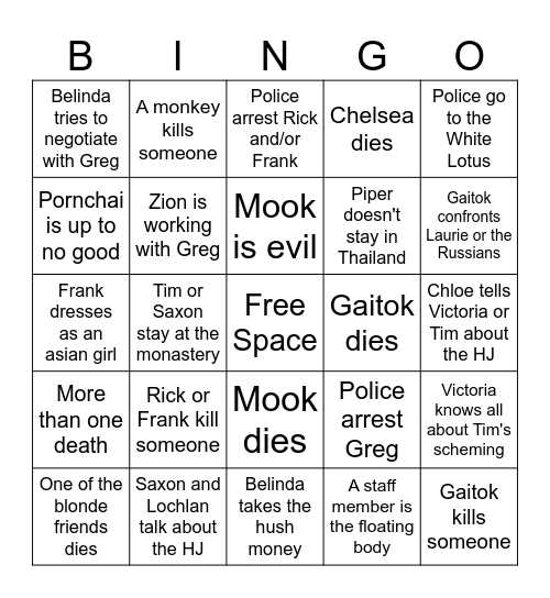 White Lotus Season 3 Finale Bingo Card
