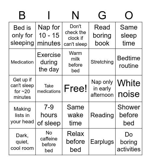 Inpatient Sleep Hygiene 7.04.25 Bingo Card