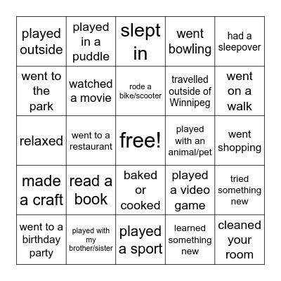 Spring Break Bingo Card