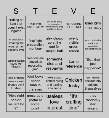 the Minecraft movie bingo Card