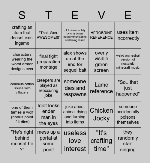 the Minecraft movie bingo Card