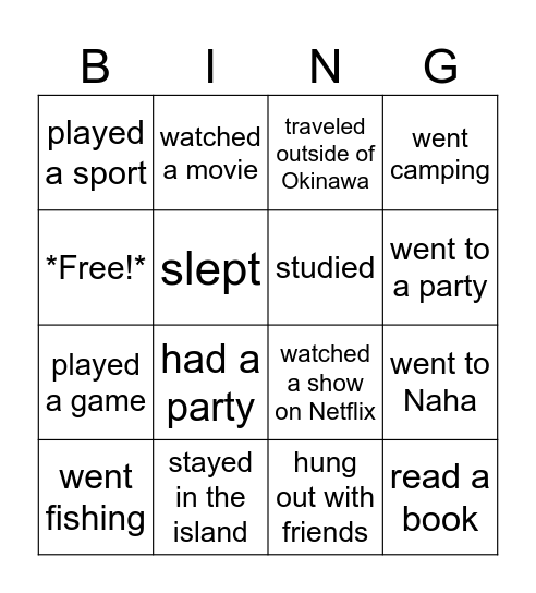 Spring Break Bingo Card