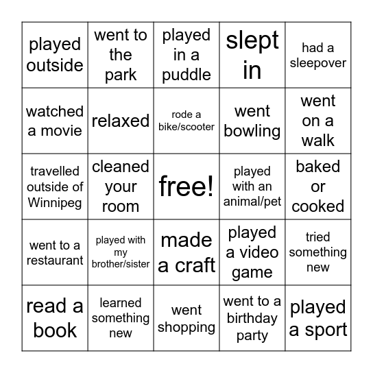 Spring Break Bingo Card