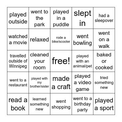 Spring Break Bingo Card