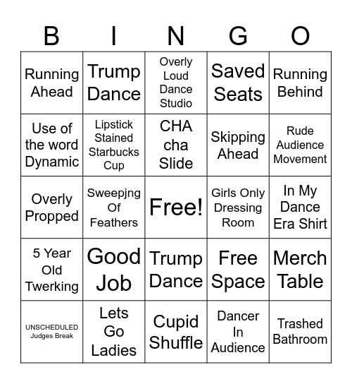 Dance Competition Bingo Card