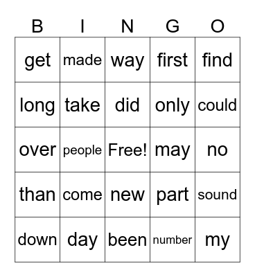 Most Common Words Bingo Card