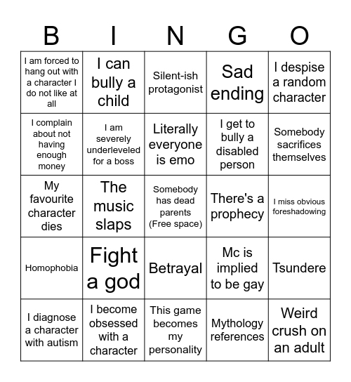 Persona 3 Predictions Bingo Card