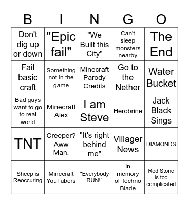 Minecraft Movie Bingo Card