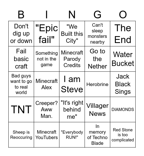 Minecraft Movie Bingo Card