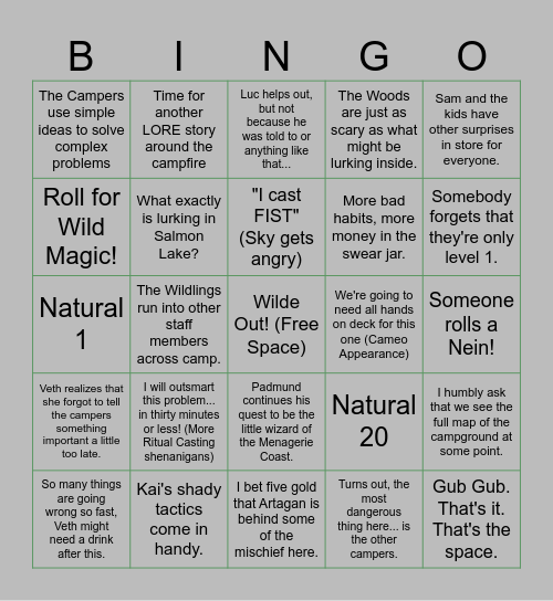 Wildemount Wildlings- Episode 2 Bingo Card