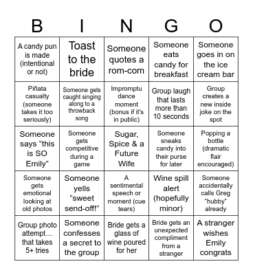 Emily's Bachelorette Bingo Card