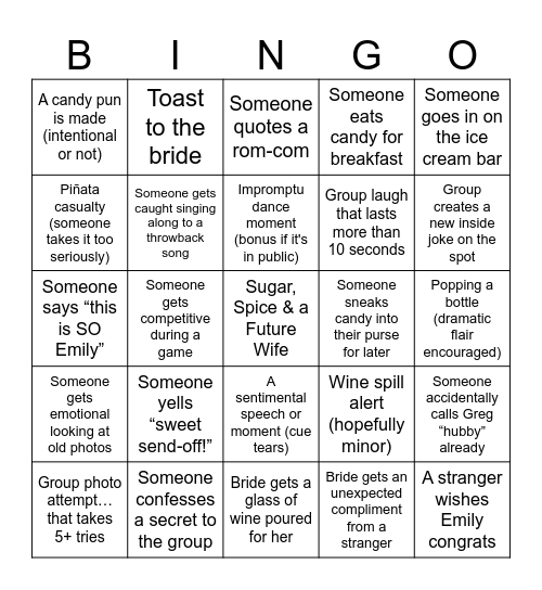 Emily's Bachelorette Bingo Card