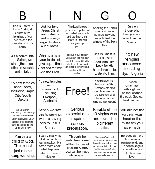 General Conference Bingo - April 2025 Bingo Card