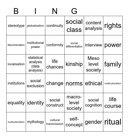 Society & Culture Bingo Card