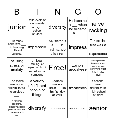 Bingo: New Kid 1-3 Bingo Card