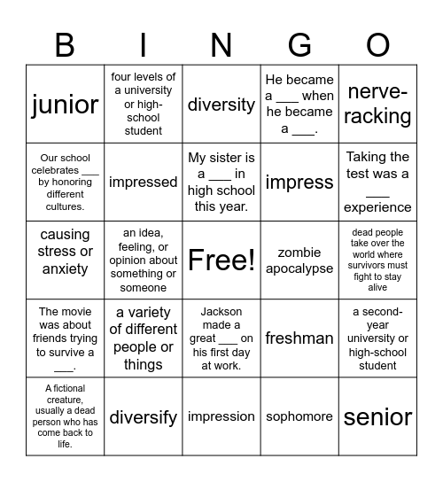 Bingo: New Kid 1-3 Bingo Card