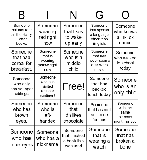 Classmate Bingo Card
