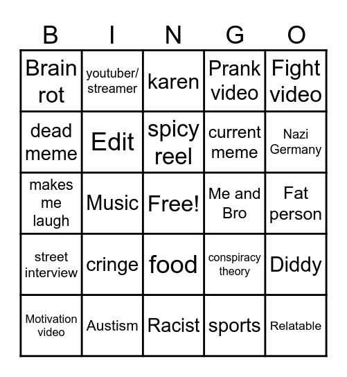 Instagram reel bingo Card