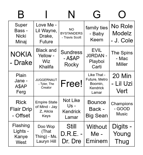 Rap Icon Bingo Card