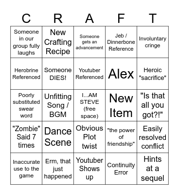 A Minecraft Movie Bingo Card
