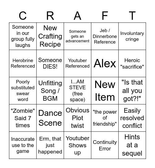 A Minecraft Movie Bingo Card