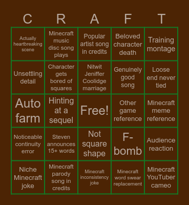Minecraft Movie Bingo Card