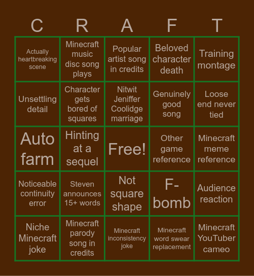Minecraft Movie Bingo Card