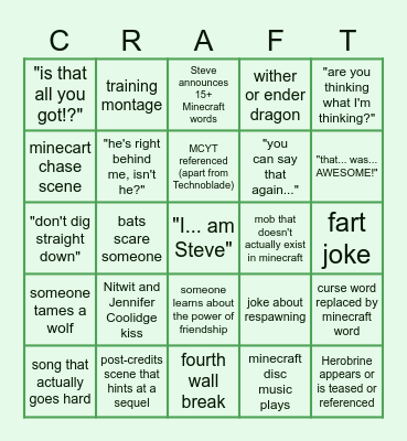 minecraft movie Bingo Card