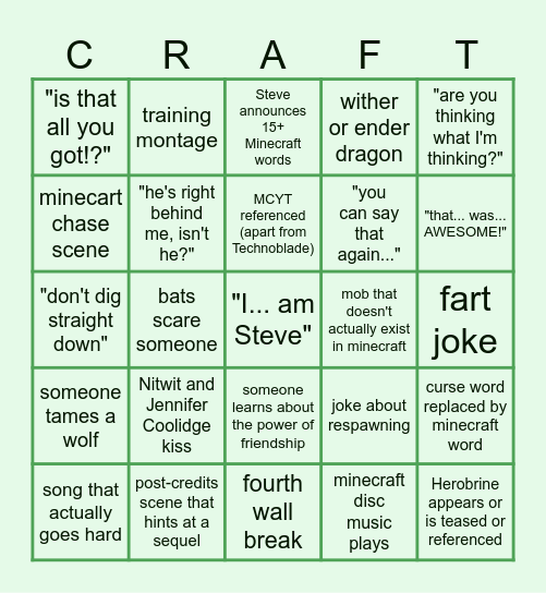 minecraft movie Bingo Card