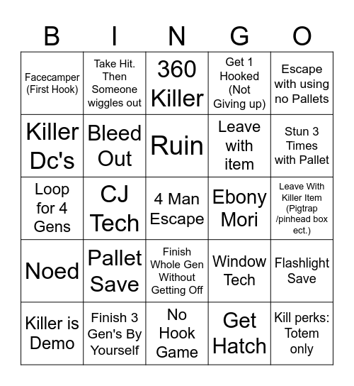 DBD Survivor Bingo Card