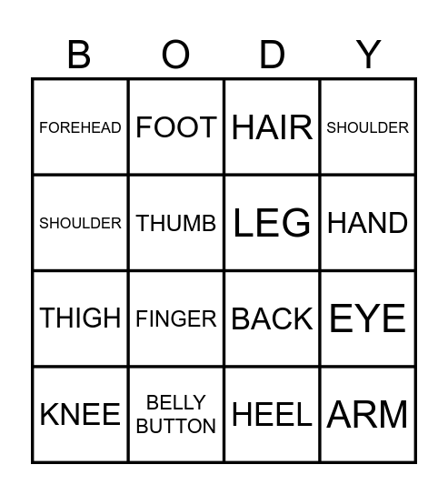 BODY PARTS Bingo Card